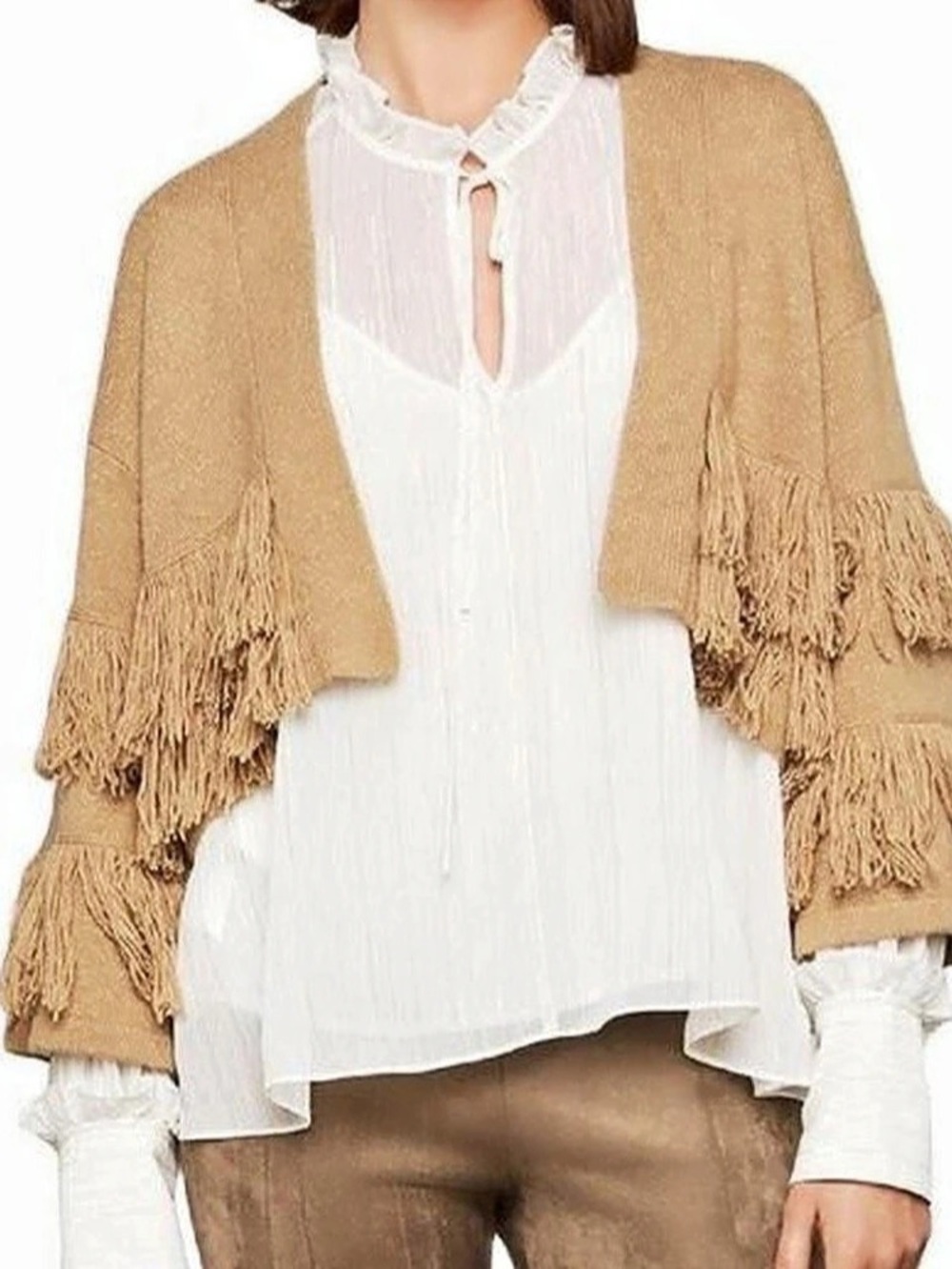 BCBGMAXAZRIA Camel Fringe Merino Wool Cropped Cardigan XXS